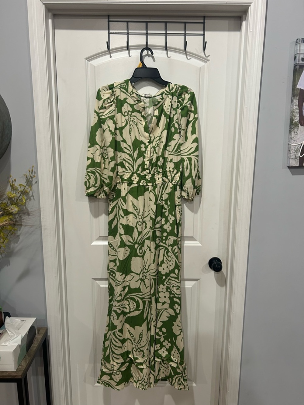 Umgee Green and Cream Floral Jumpsuit - Lightweight Women's Dress